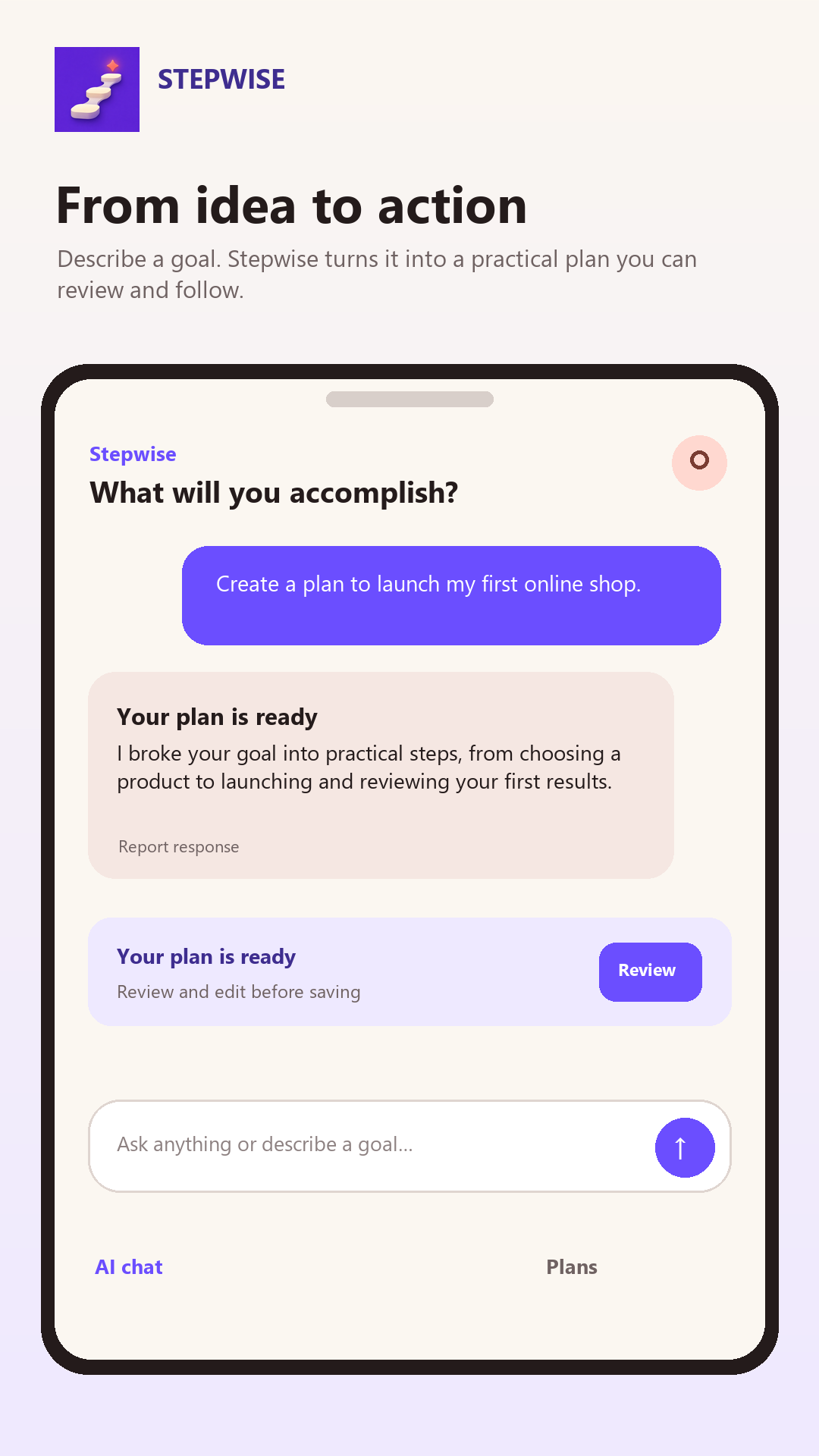 Stepwise AI chat creating a plan for an online shop